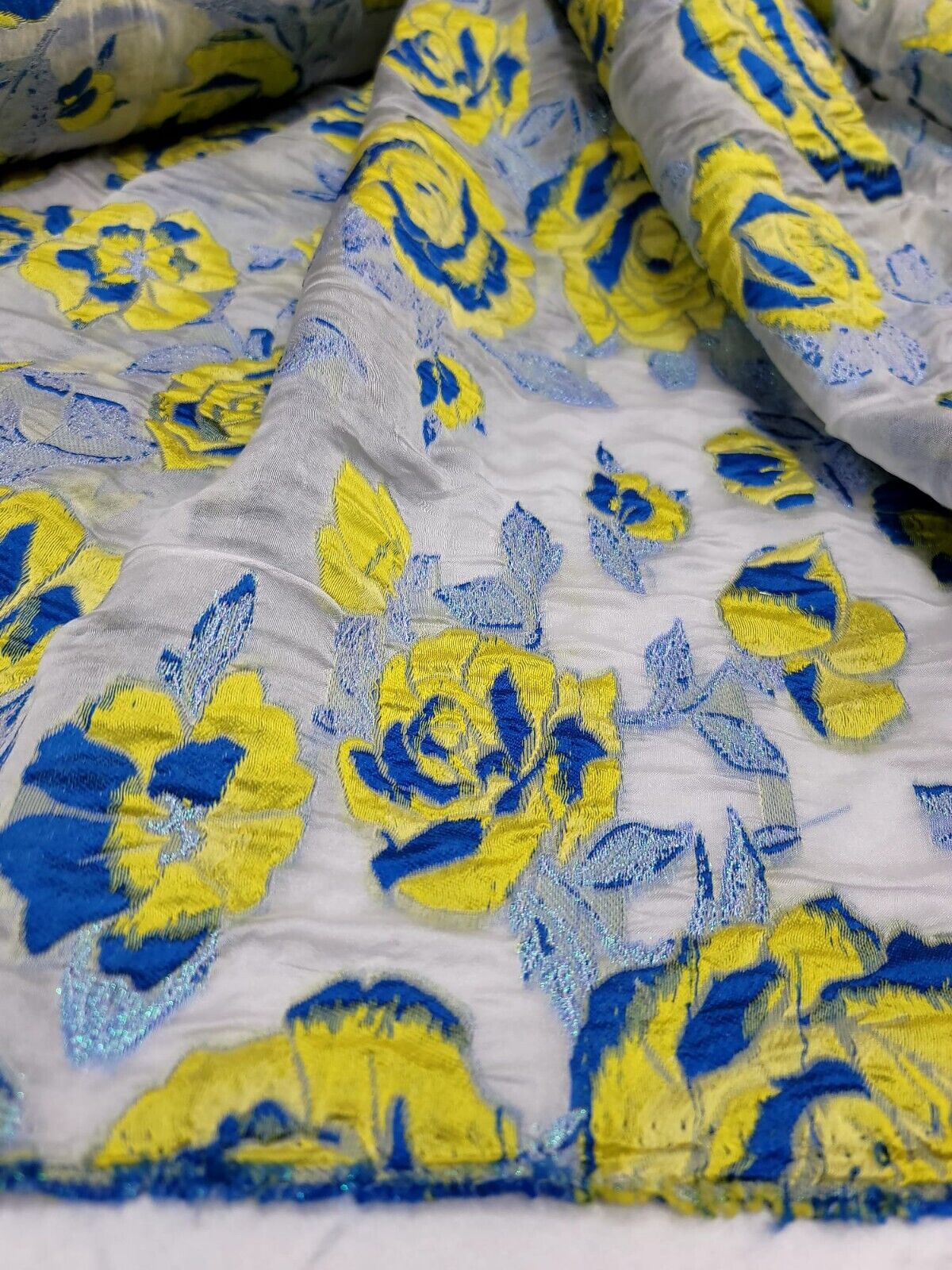 Yellow and Royal Blue Floral Organza Brocade Jacquard Fabric - Sold by Yard - Perfect for Fashion, Dressmaking, and New Creations