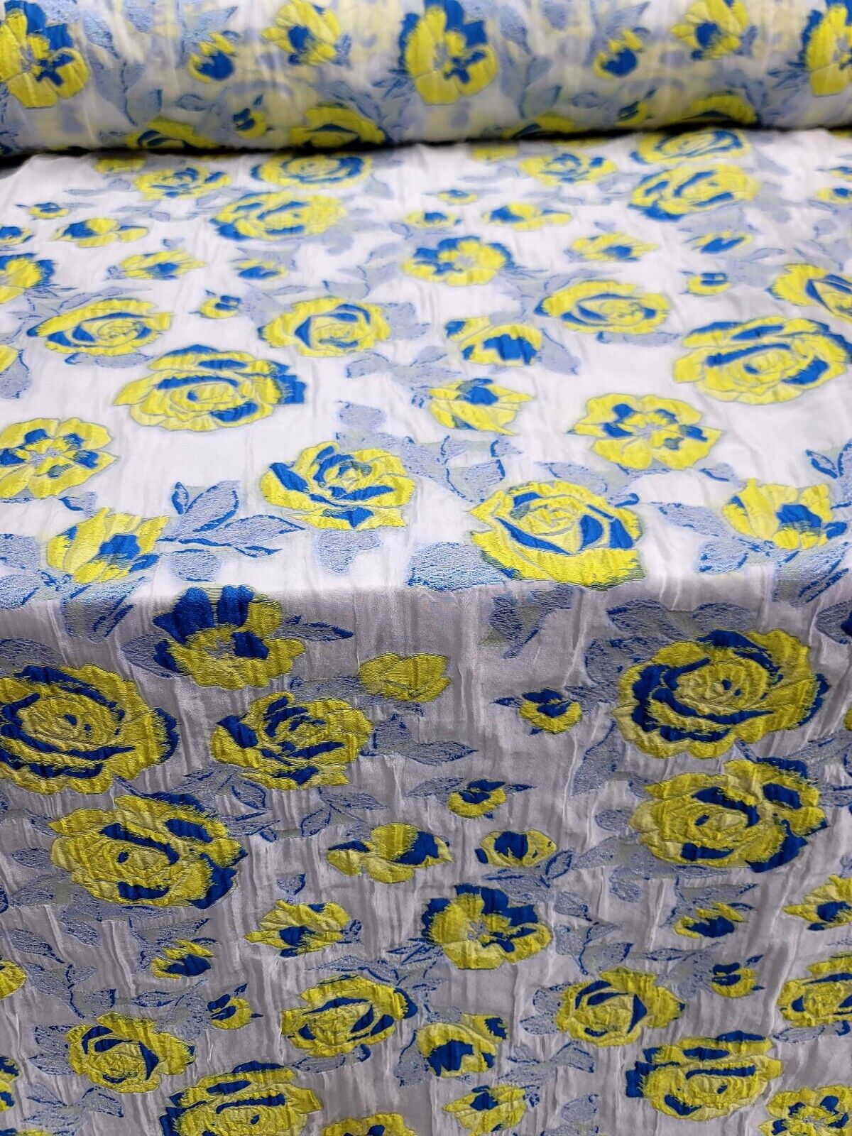 Yellow and Royal Blue Floral Organza Brocade Jacquard Fabric - Sold by Yard - Perfect for Fashion, Dressmaking, and New Creations
