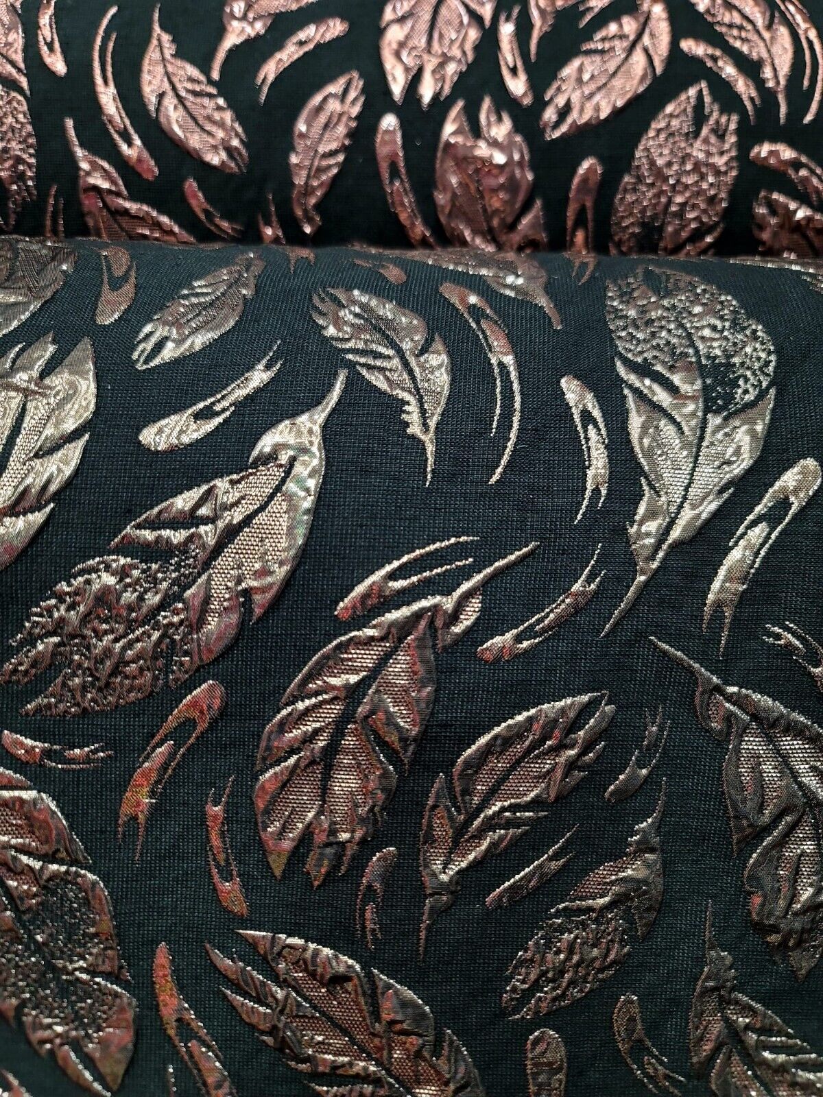 Black Gold Feathers Brocade Fabric - Sold By The Yard - Embossed Dress (60” Width)