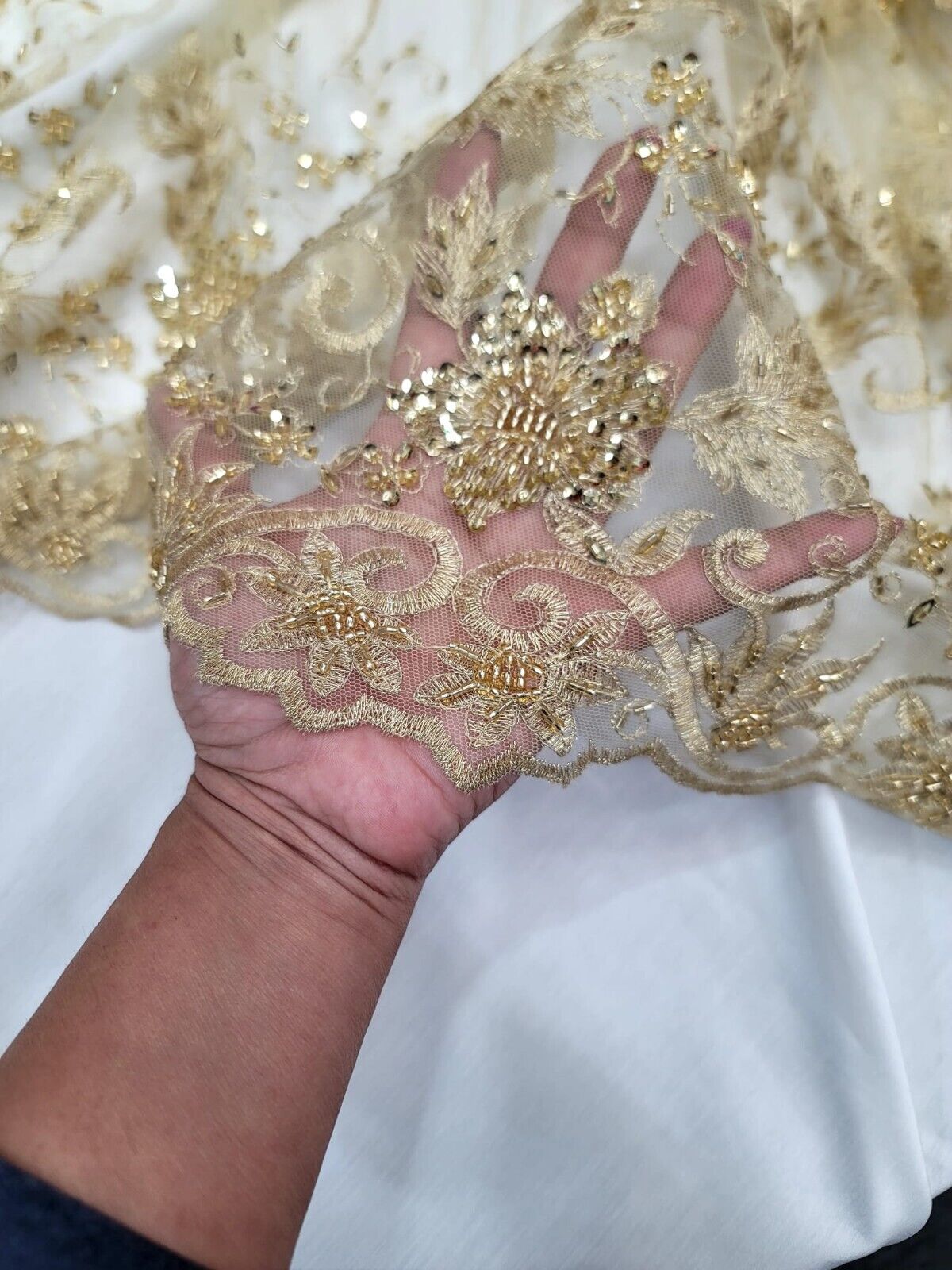 Gold Beaded Sequins Embroidery Bridal Lace Fabric Sold By The Yard Floral Lace