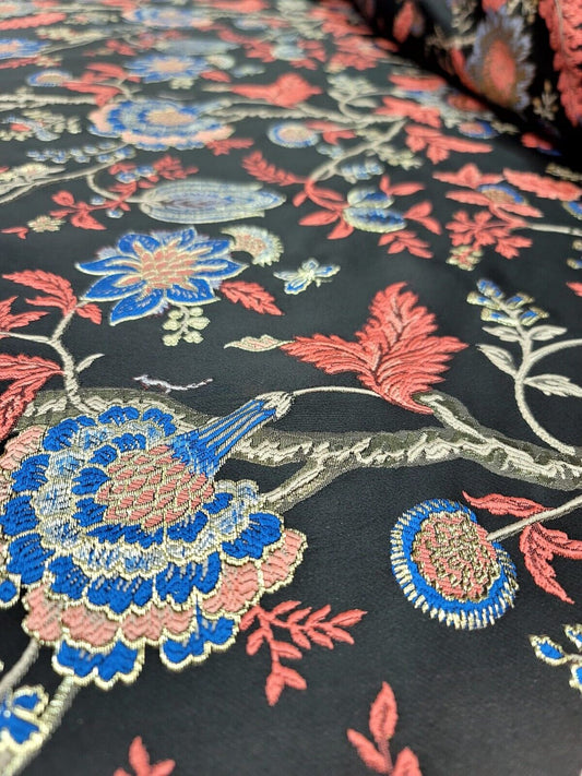 Coral Blue Floral Damask Jacquard Brocade Fabric By The Yard Thick Unique Design