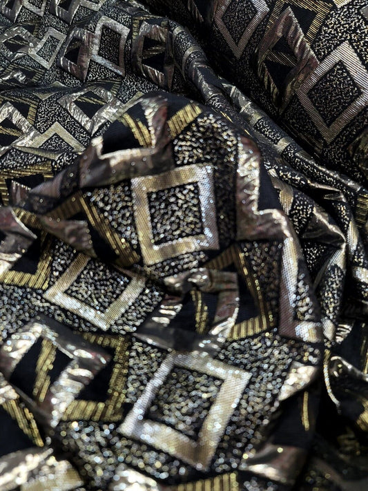 Black Gold Brocade Fabric By the Yard - Geometric Pattern - Ideal for Dressmaking and Upholstery - 60 Inches Wide