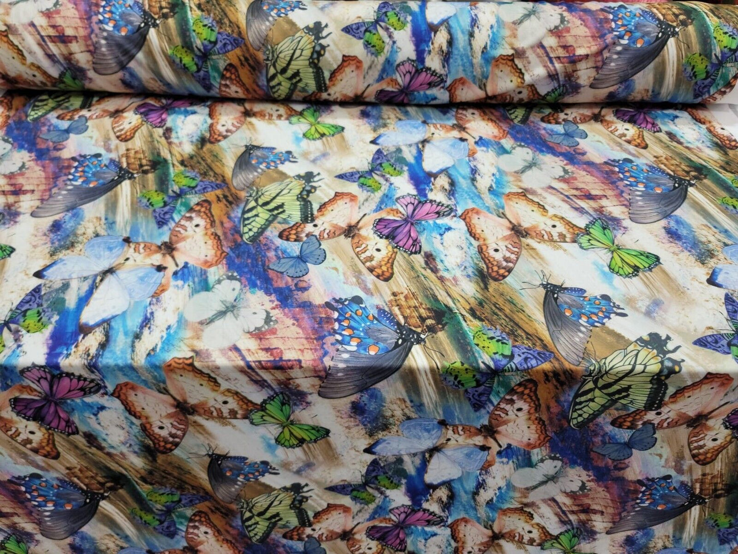 Multi color Monarch Butterfly Blue Green Lavender Fabric by the Yard Spandex