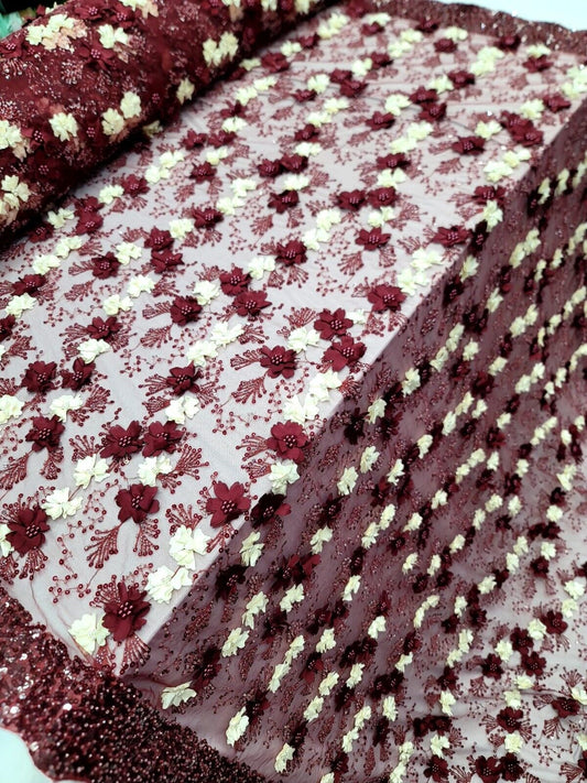 Burgundy Lace 3D Ivory Flower Embroidery Beaded Mesh Fabric - Sold by the Yard for Prom