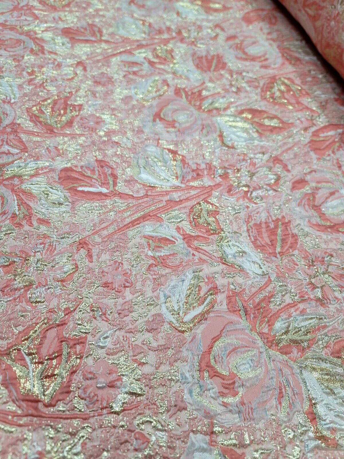 Coral Blush Metallic Gold Floral BROCADE FABRIC SOLD BY THE YARD For Dress