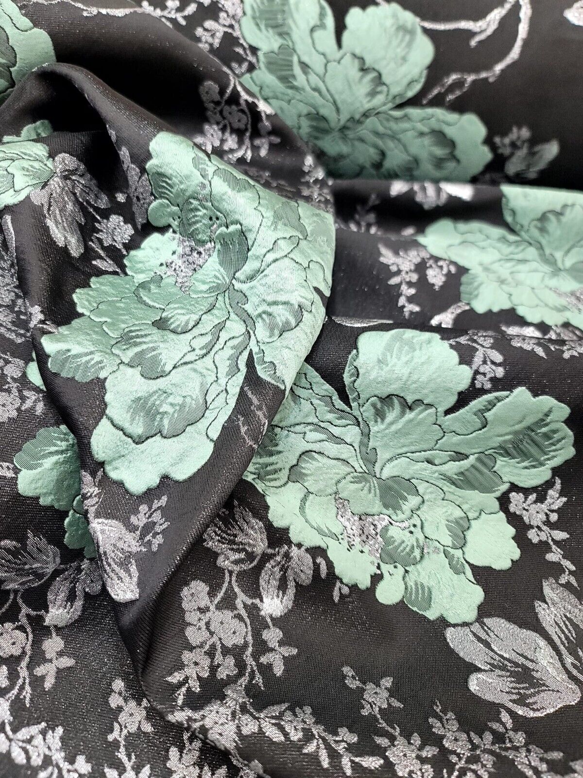 Sage Green Silver Black Damask Jacquard Brocade Floral Fabric - 60" Width