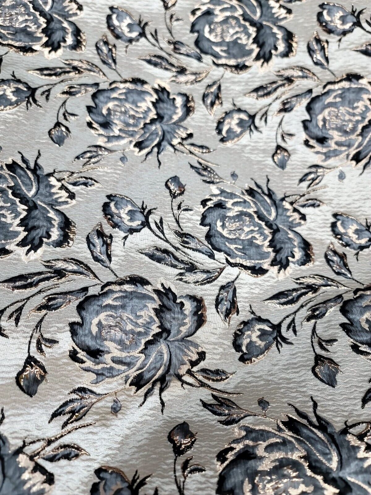 Gray Black Floral Flowers Brocade Gold Metallic On Beige Jacquard Fabric By Yard smart-textile smart-textile (1414)
