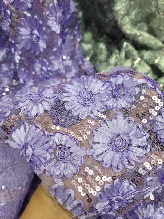 Lavender Lace Embroidery Ribbon Floral Sequins Quinceañera Fabric By the Yard - Elegant 54-Inch Width