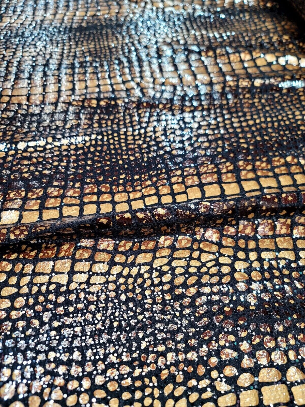 Brown Golden Desert Python Snake Print Stretch Black Sequins Fabric - Sold by the Yard