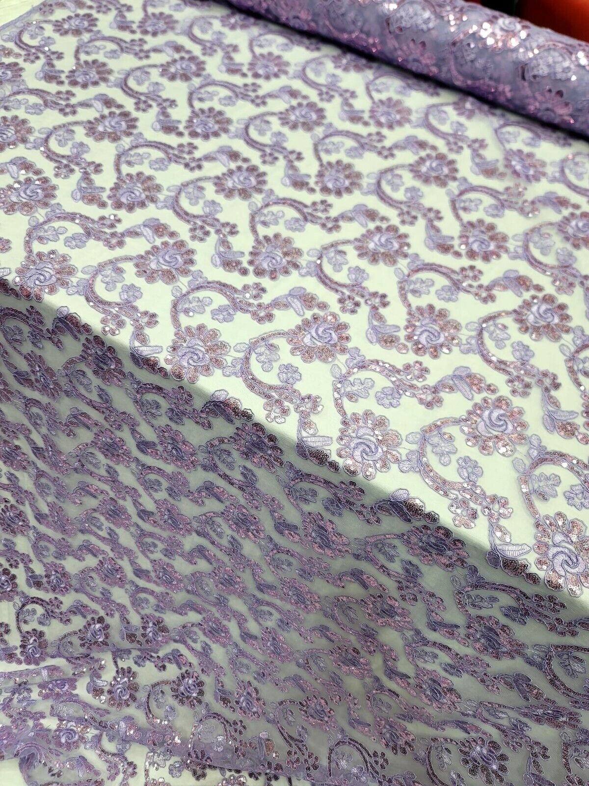 Lavender Lace Corded Flower Embroidery Sequins Mesh Fabric - Sold By the Yard - For Dress