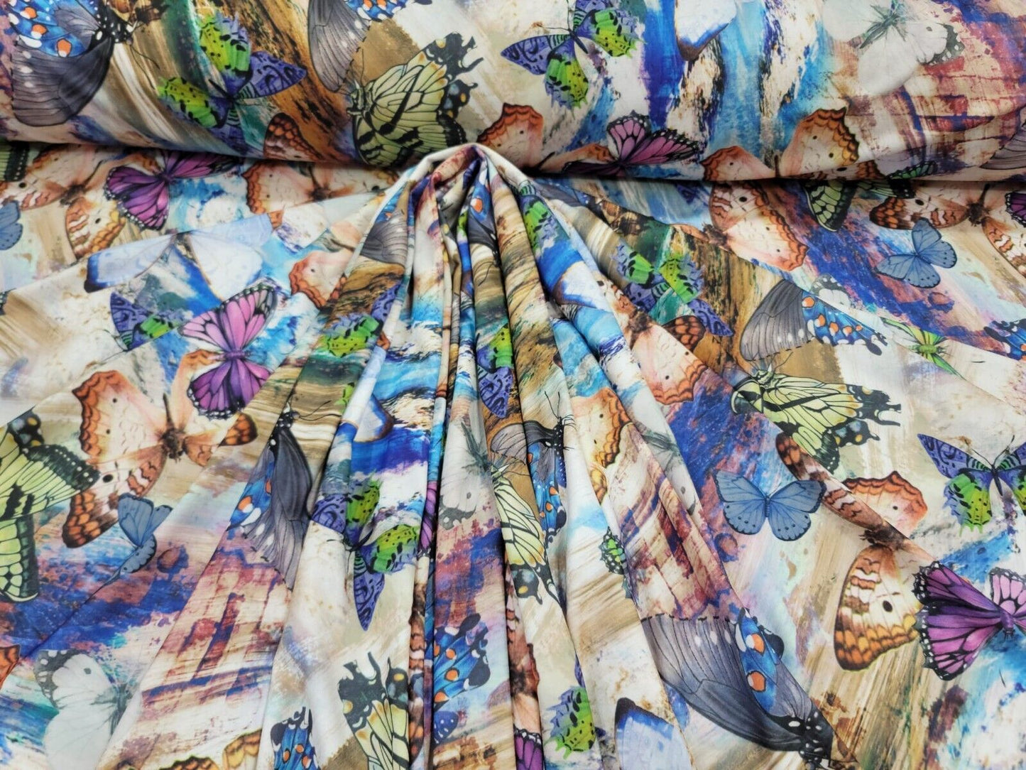Multi color Monarch Butterfly Blue Green Lavender Fabric by the Yard Spandex