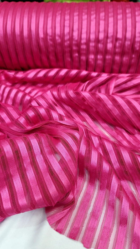 Lace Fabric by the Yard - Fuchsia Striped Ribbon Mesh - Embroidered Dress Material