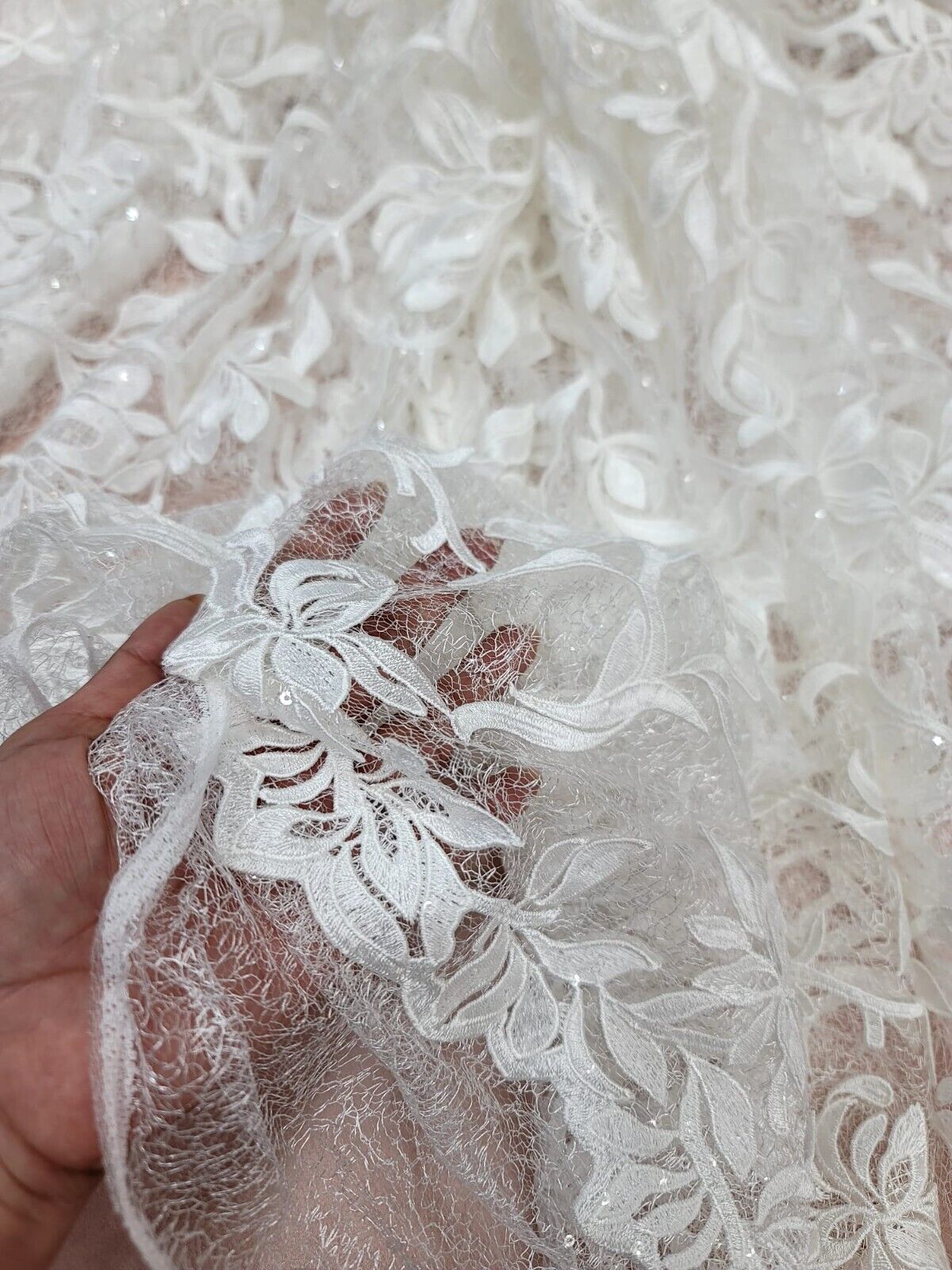 White Embroidery Lace Guipure Floral Flowers Clear Sequin On Mesh Fabric - Sold By The Yard - Clothing Dress Bridal Evening Gown Quinceañera Prom