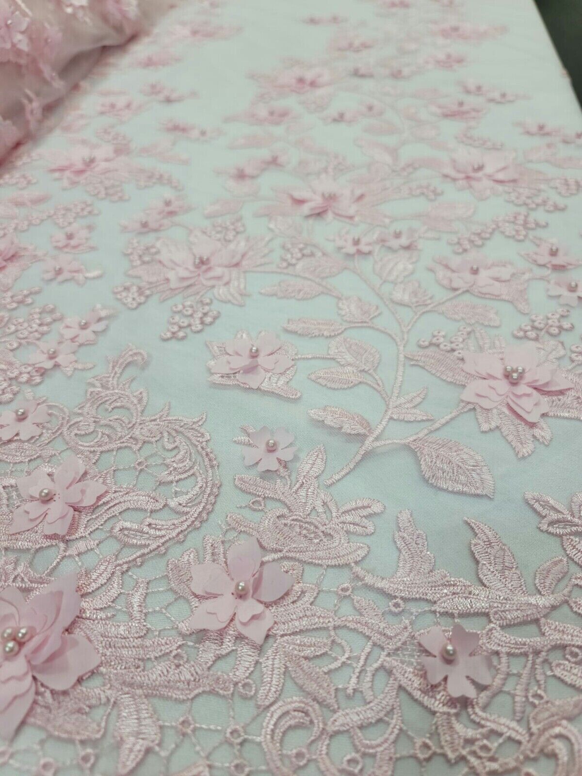 Pink Lace 3D Floral Flowers Prom Fabric - Sold by the Yard for Quinceañera Bridal