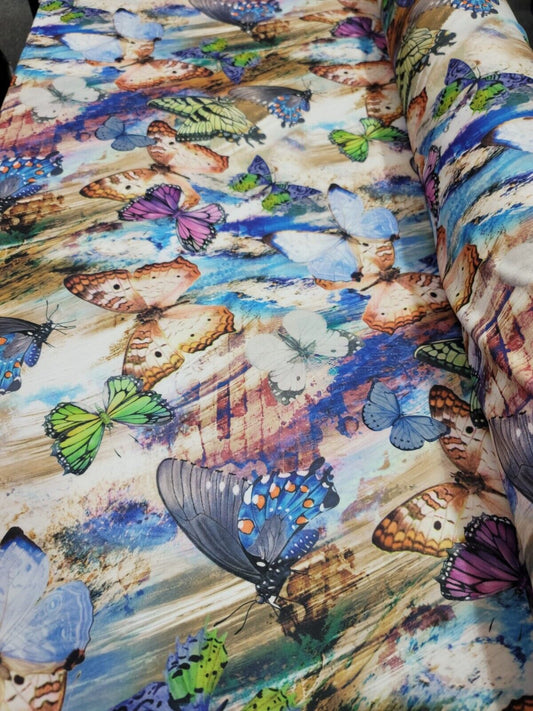 Multi color Monarch Butterfly Blue Green Lavender Fabric by the Yard Spandex