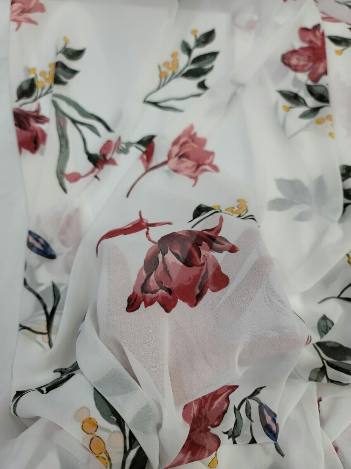 Chiffon Red Floral Flowers Fabric - Off White Background - By the Yard