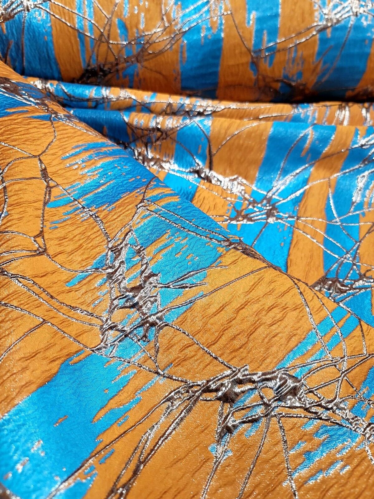 Orange Turquoise and Gold Metallic Brocade Fabric - Sold by Yard - Perfect for Fashion, Upholstery, and Elegant Creations