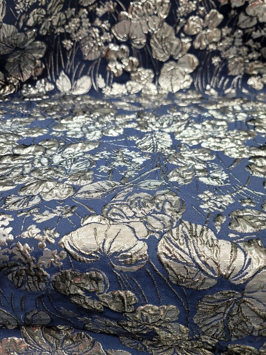 Navy Blue Brocade Silver Floral Prom Fabric - Sold By The Yard - Gown Quinceañera (60” Width)