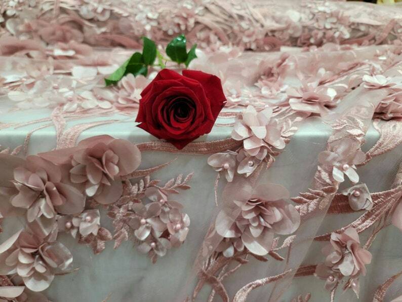 Dusty Rose 3D Lace Floral Flowers Embroidered with Pearls Prom Fabric - Sold By the Yard - 59 Inches Wide