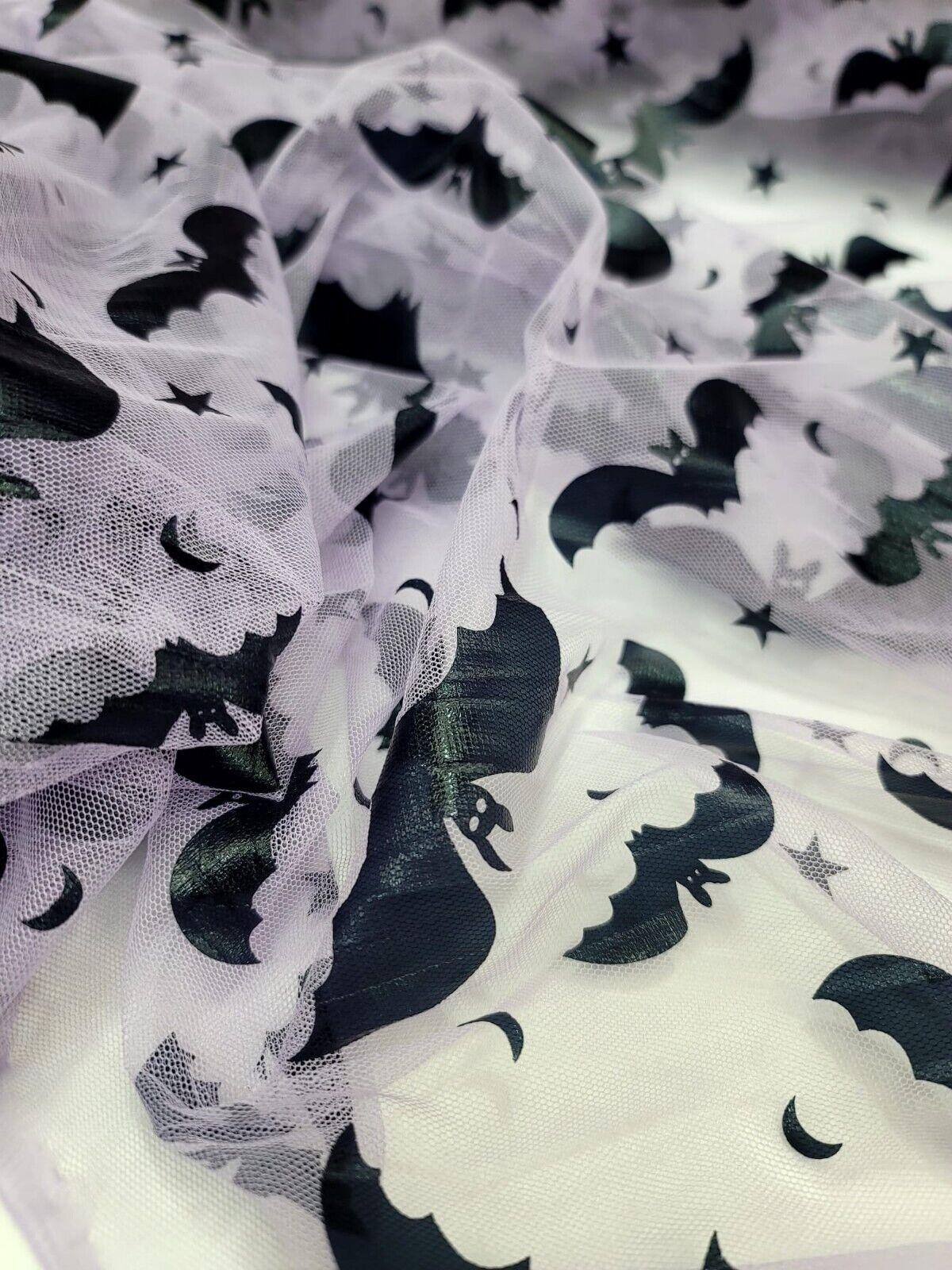 Black Flying Bats On Lavender Mesh Tulle Fabric Sold By The Yard HALLOWEEN