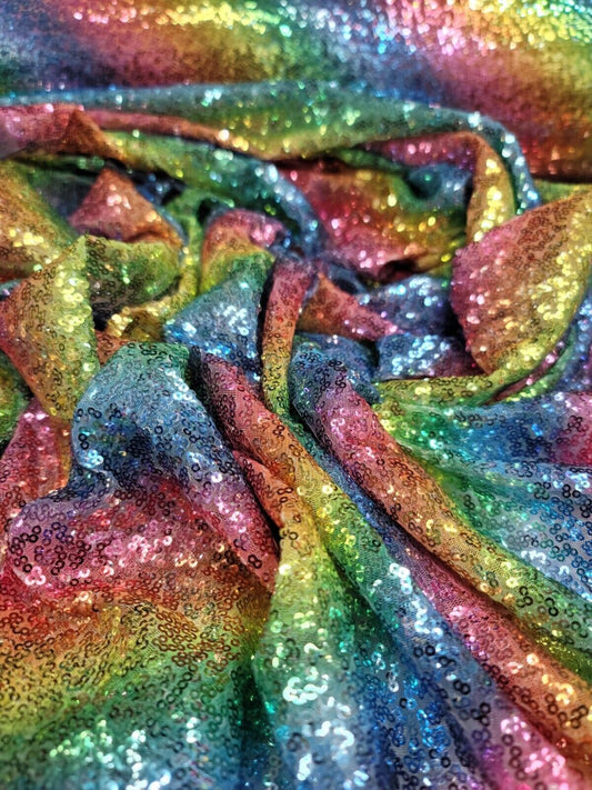 Rainbow Sequin on Stretch Mesh Fabric by the Yard - Vibrant Multicolor Stripes - Ideal for Stunning Creations