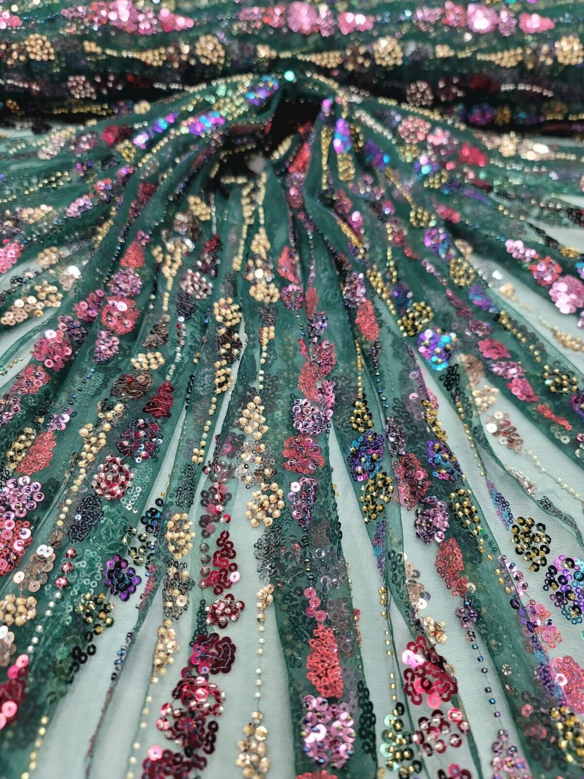 Emerald Green Hand Beaded Lace Fabric - Sold By The Yard - Multicolor Sequins Floral - Prom (60” Width)