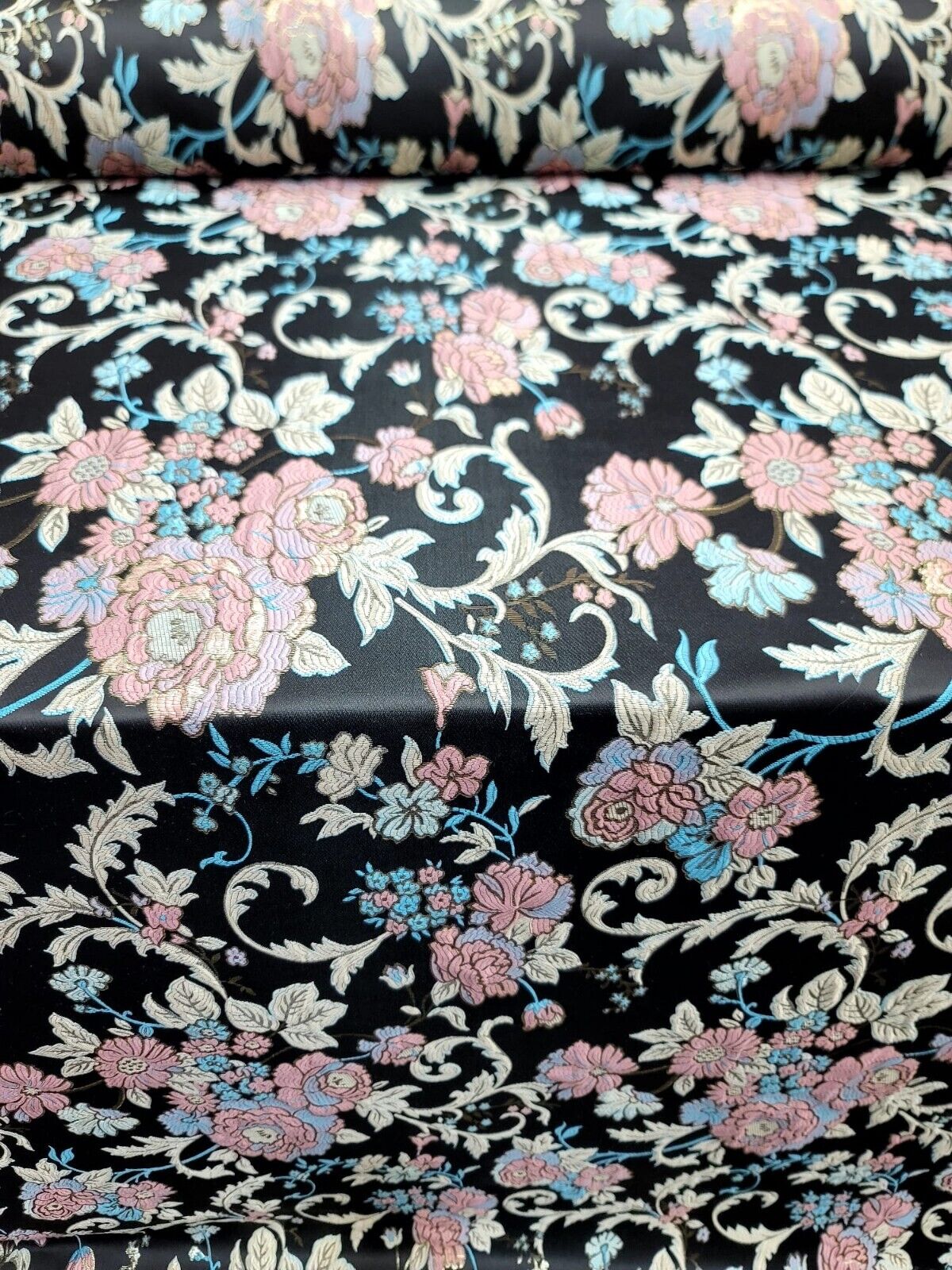 Brocade Floral Pink Lavender Multicolor Damask Fabric By The yard Black Jacquard