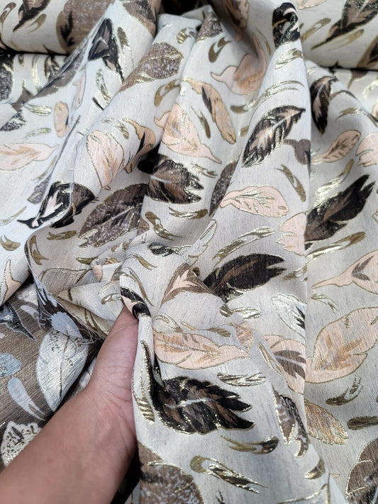 Beige Brocade Metallic Brocade Fabric Sold By The Yard Blush Leaves For Dress