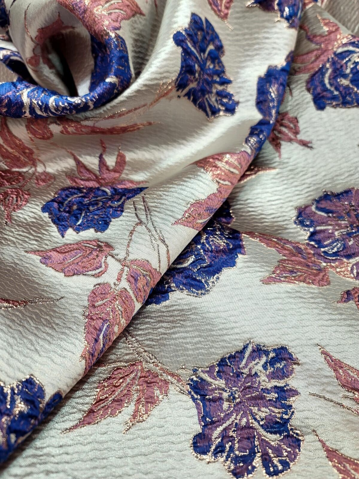 Royal Blue Floral Pink Brocade Fabric Sold By The Yard Rose Gold Metallic