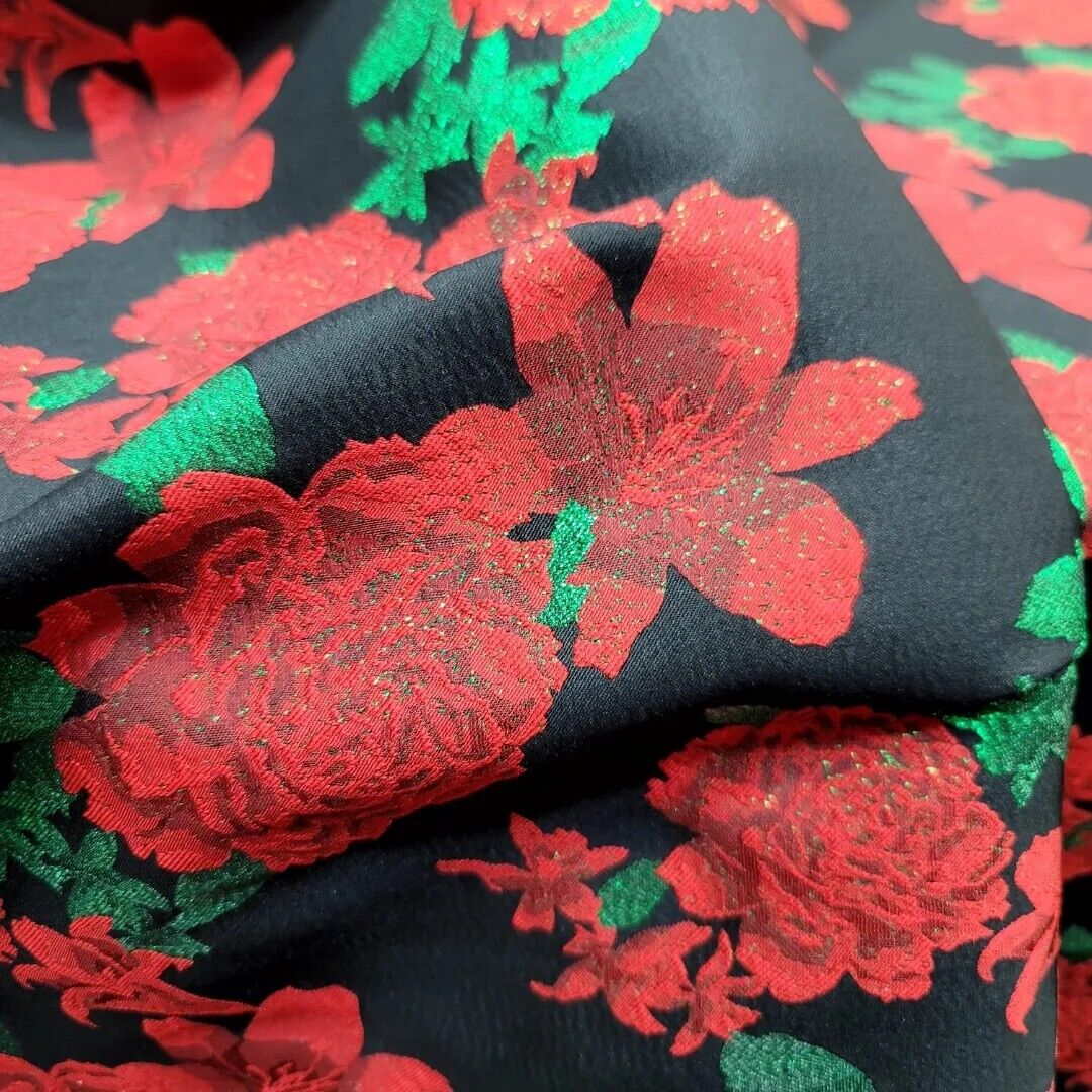 Red Floral Green Leaves Brocade Fabric - Sold By The Yard - Black Background Dress (60” Width)