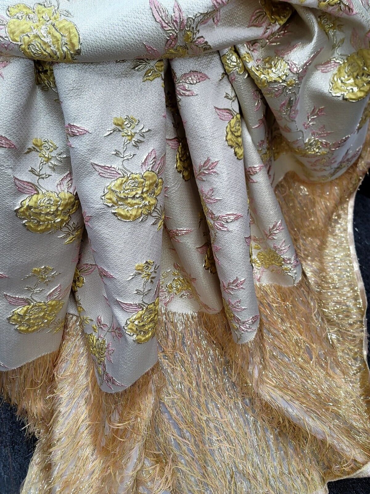 Yellow Pink Gold Metallic Brocade Eyelash Prom Fabric by the Yard