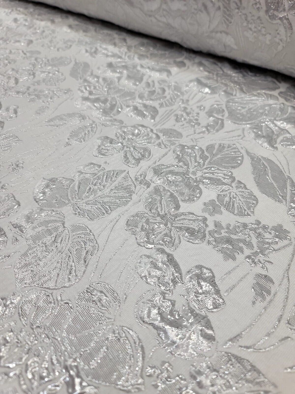 WHITE SILVER Floral Brocade Fabric 60" Sold By The Yard Embossed Flowers Bridal