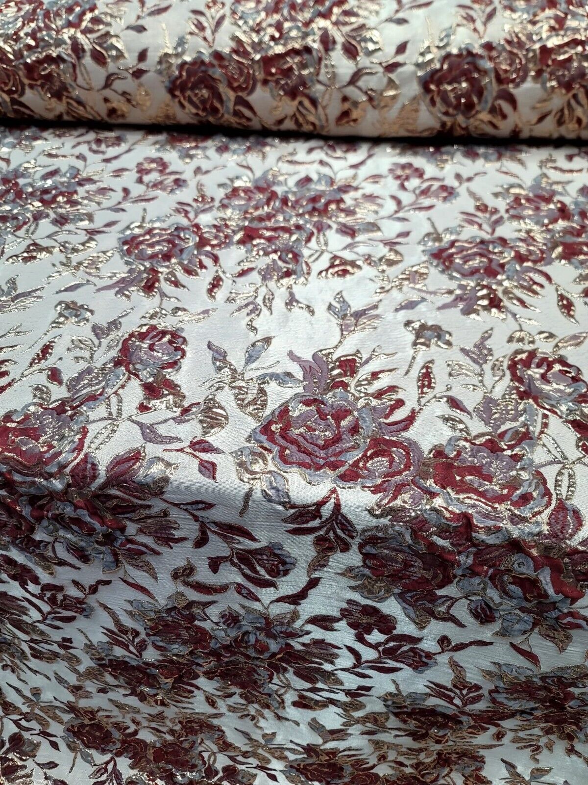 Fabric Sold By The Yard Burgundy METALLIC Brocade Floral Flowers Dress Upholster