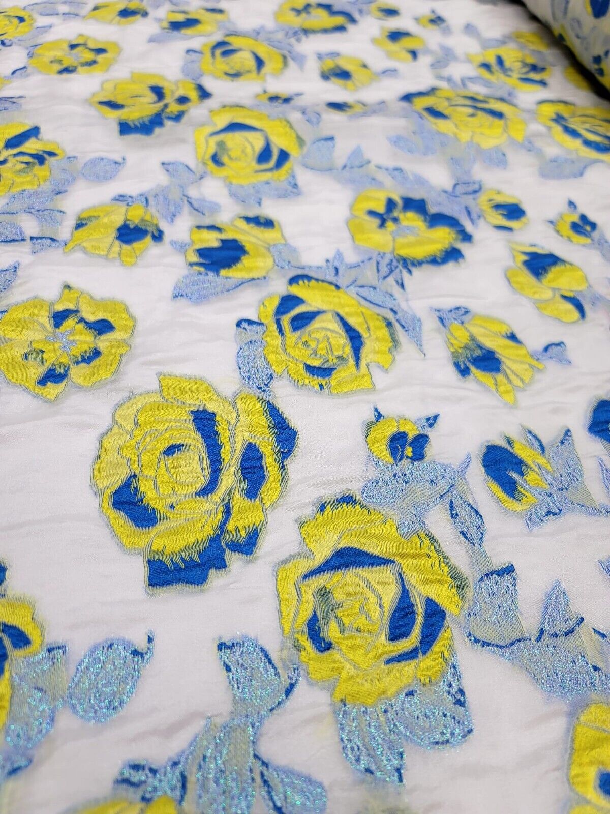 Yellow and Royal Blue Floral Organza Brocade Jacquard Fabric - Sold by Yard - Perfect for Fashion, Dressmaking, and New Creations