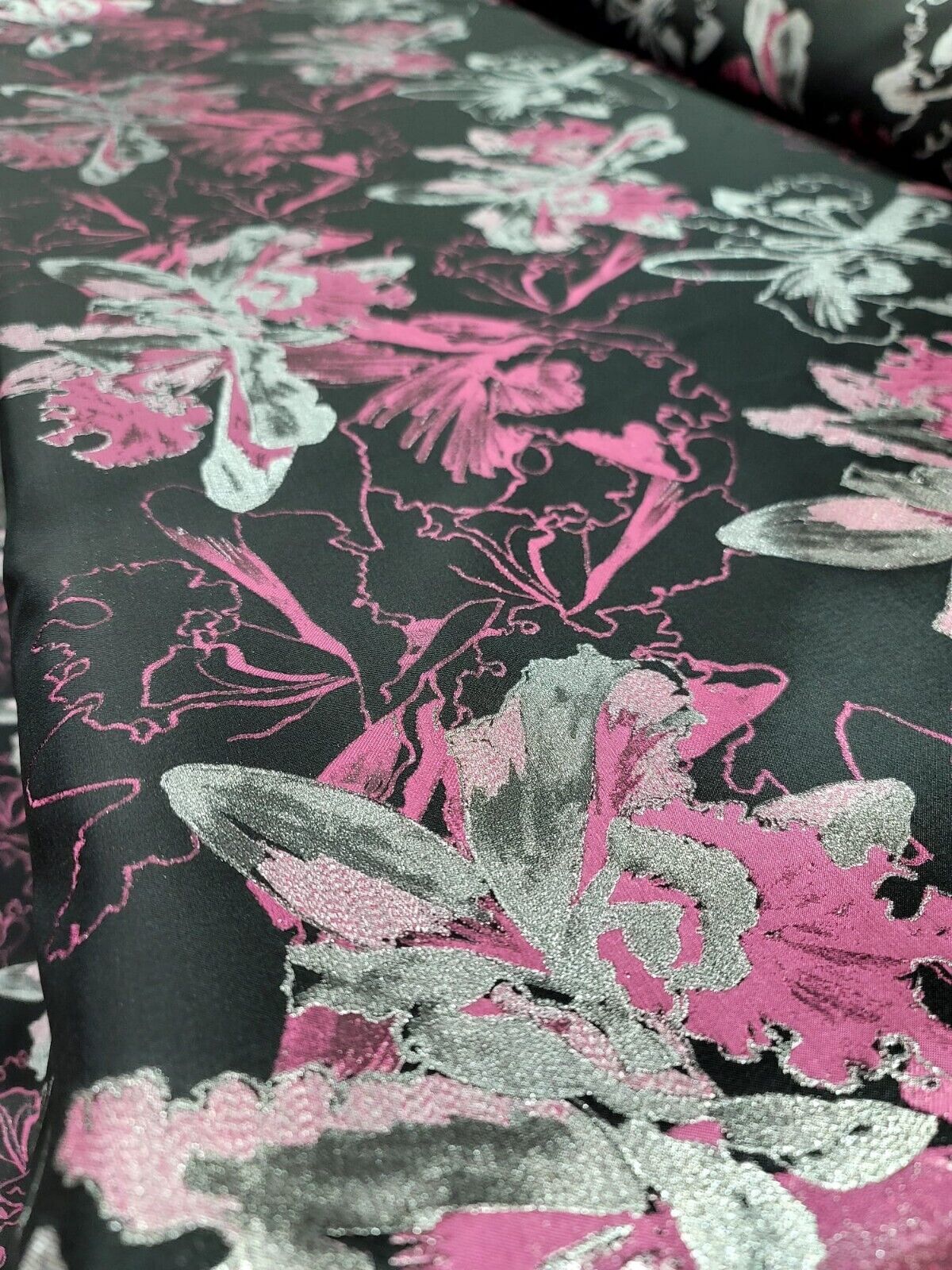 Pink Fuchsia Silver and Black Damask Jacquard Brocade Floral Fabric - 60" Width
