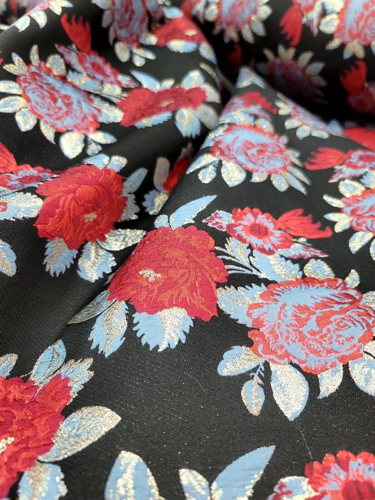 Baby Blue Red Floral Black Brocade Fabric - Sold By The Yard - For Dress Prom Bridal (60” Width)