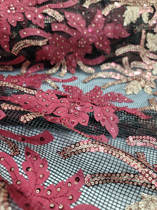 Burgundy Floral Embroidery Lace Fabric - Sold By The Yard - Black Fishnet Fabric