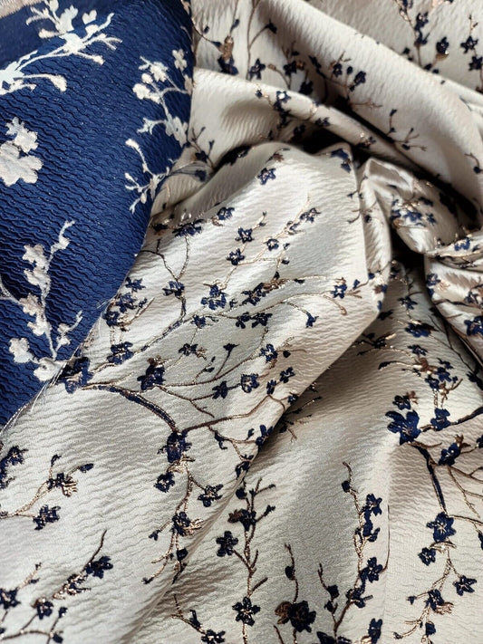 NAVY BLUE Metallic Rose Gold Floral Brocade Fabric - Sold by the Yard
