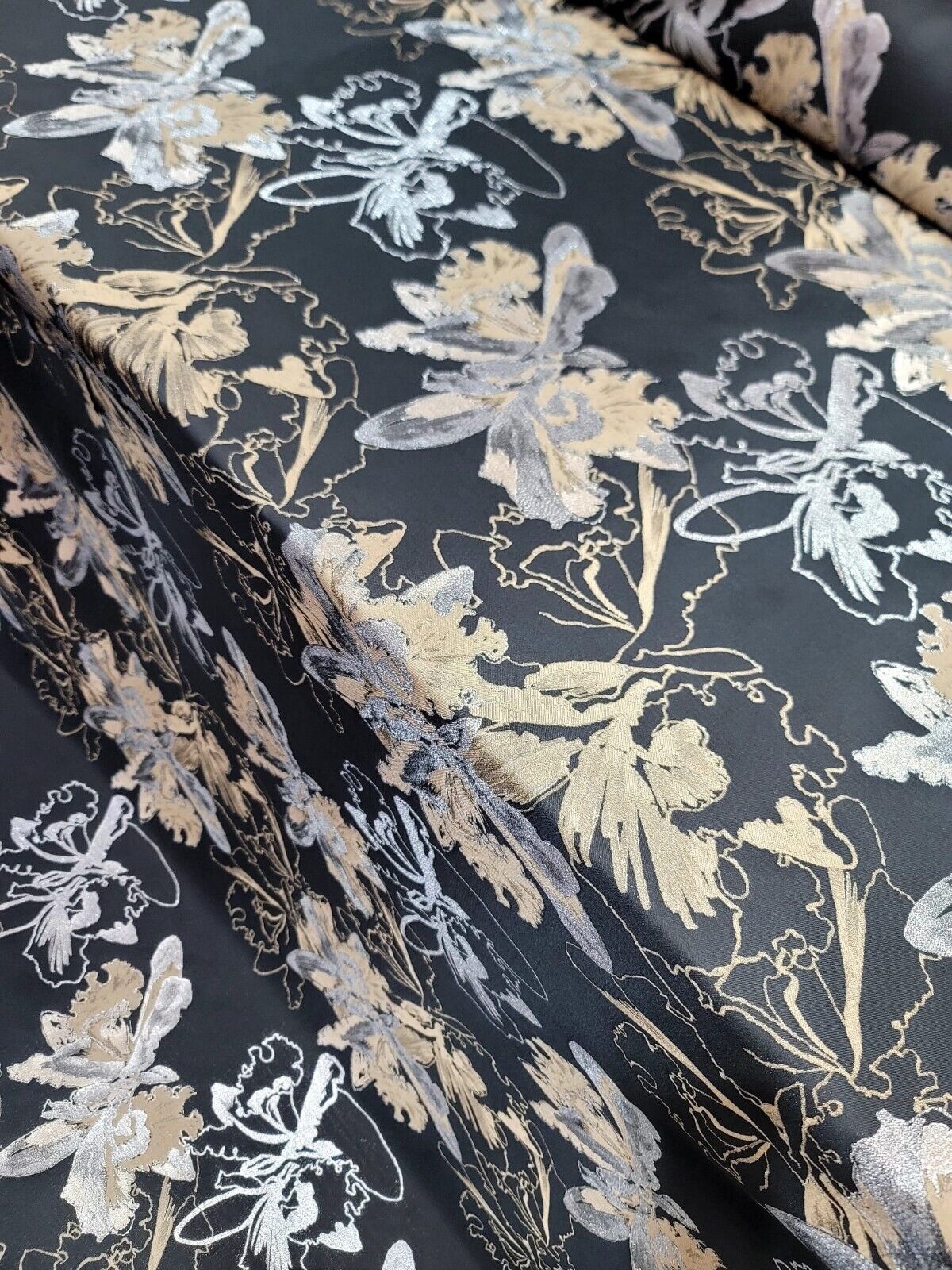 Gold,Silver and Black Damask Jacquard Brocade Floral Fabric - 60" Width
