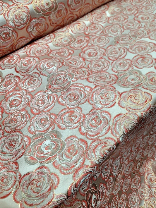 CORAL FLORAL BROCADE FABRIC SOLD BY THE YARD ACCENT GOLD FOR DRESS UPHOLSTERY