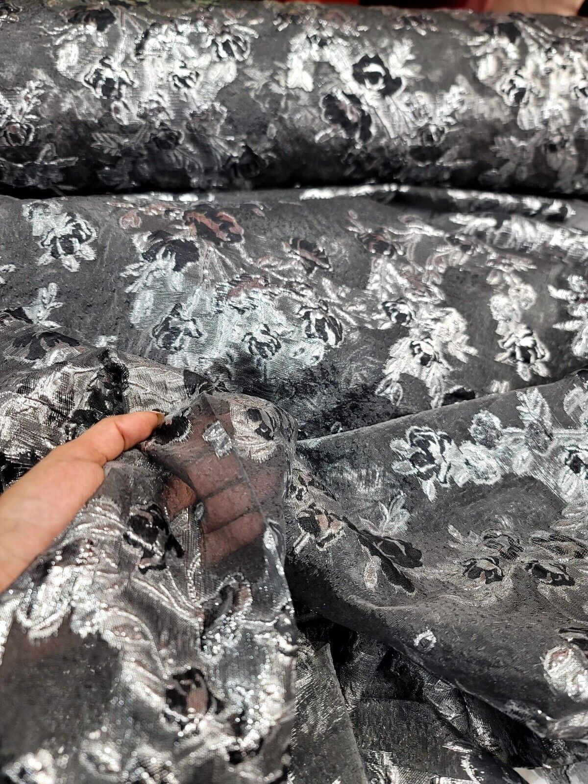 Metallic Silver Floral Brocade Fabric Gray Textured Organza Sold BTY