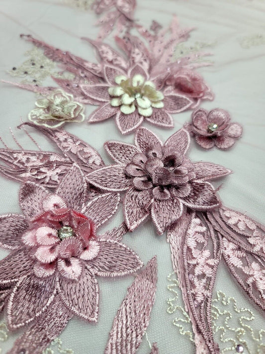 DUSTY ROSE 3D Mauve Flowers Rhinestones Embroidery Lace Fabric - Sold By The Yard