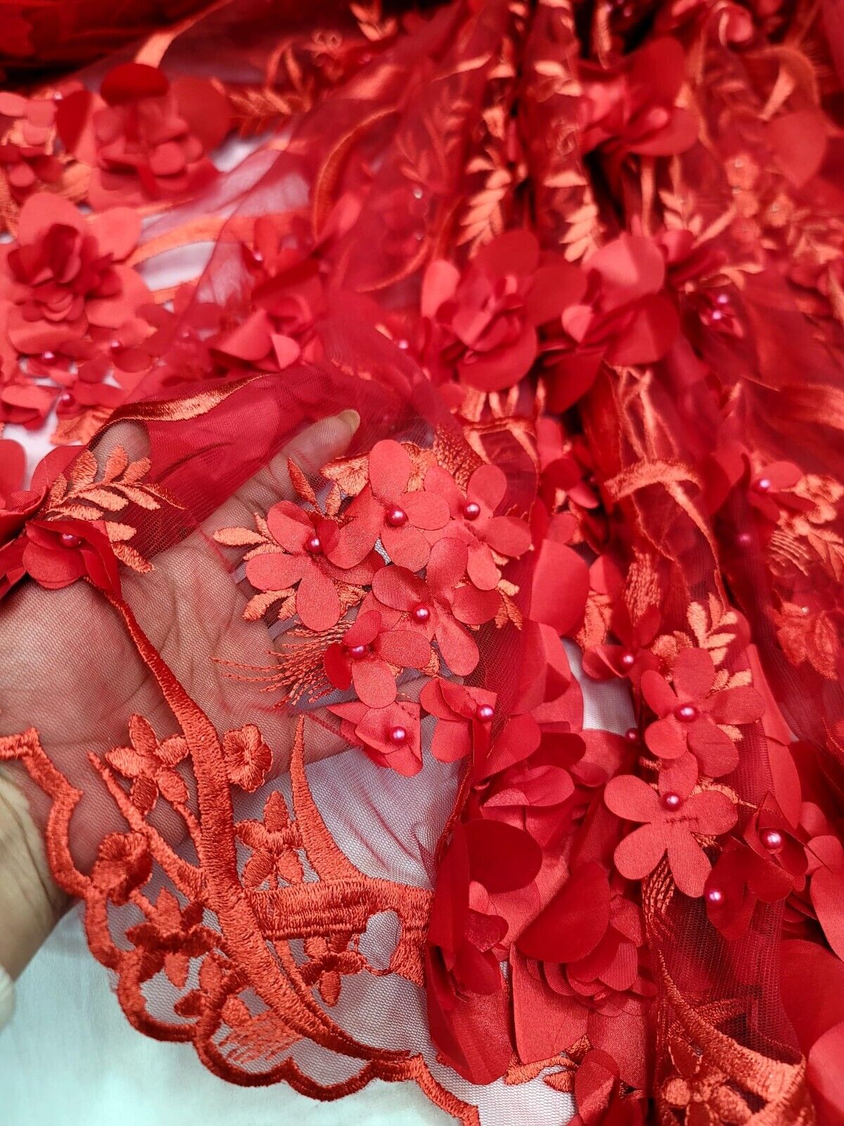 Red 3D Floral Embroidered Pearls Mesh Lace Fabric By The Yard