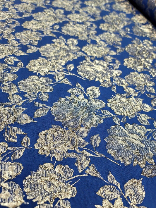 ROYAL BLUE Brocade Fabric (60 in.) Sold By The Yard METALLIC SILVER FLORAL EMBOS