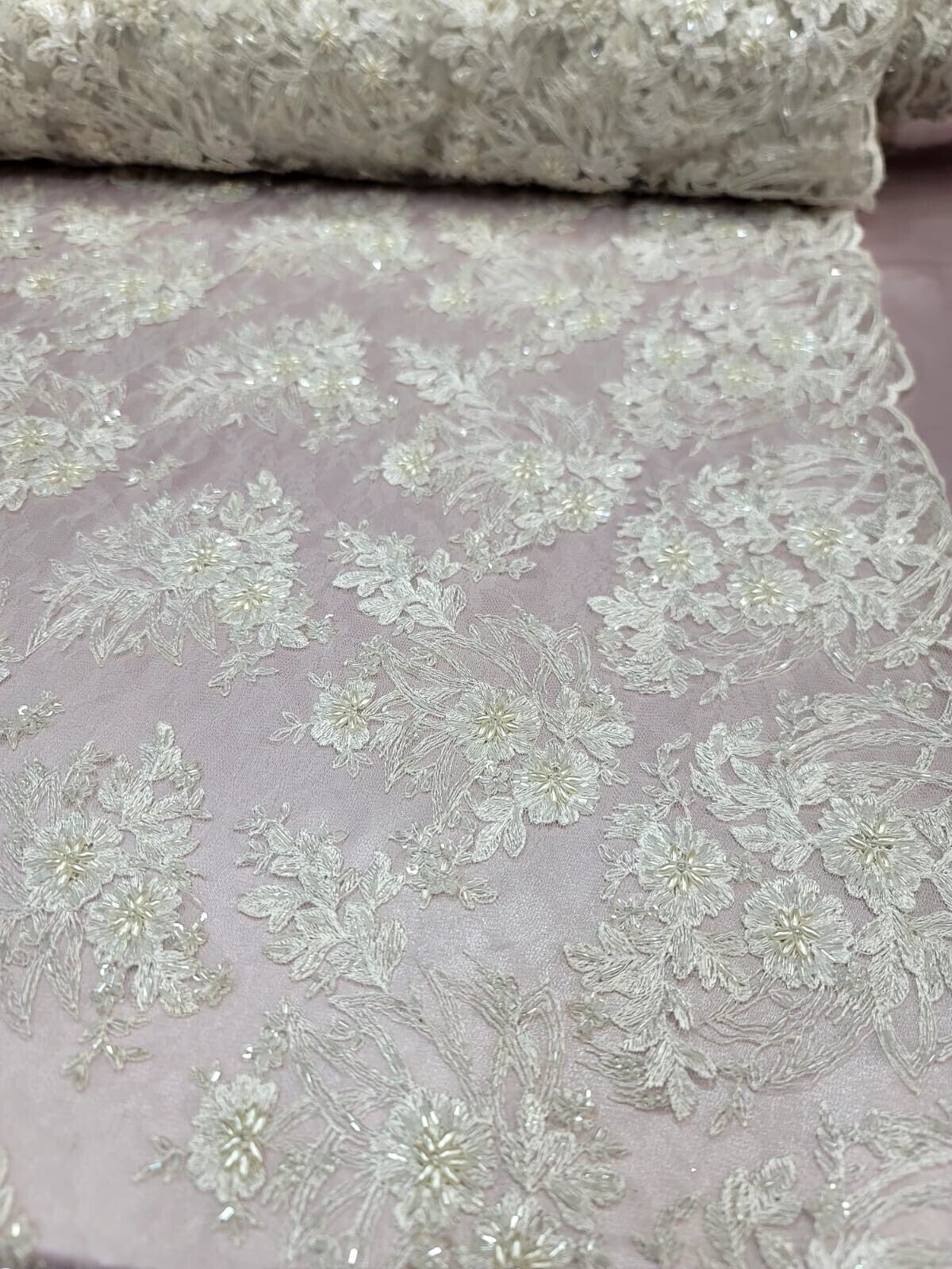 Ivory Lace Flower Embroider On A Mesh Lace Wedding-Bridal Fabric By Yard Beaded