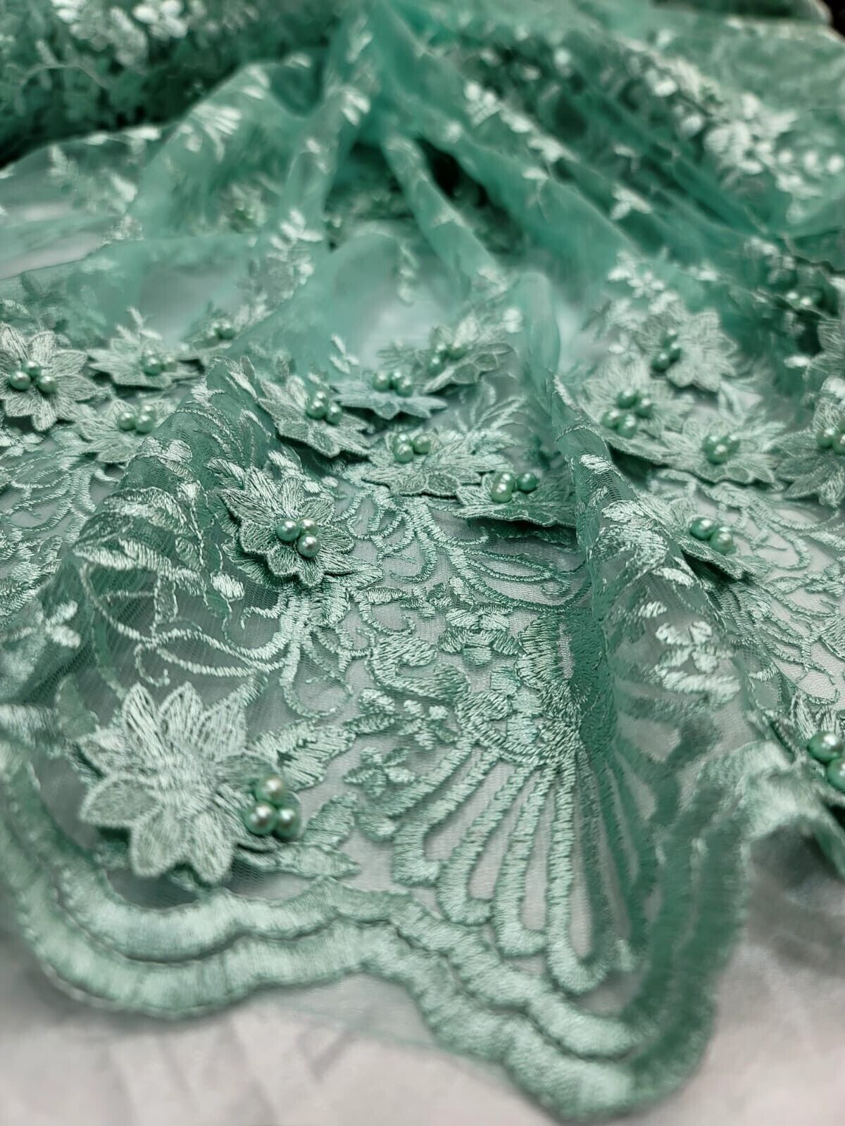 Sage green 3d Floral Embroidery Pearls Mesh Lace Scalloped Fabric By yard 54" w
