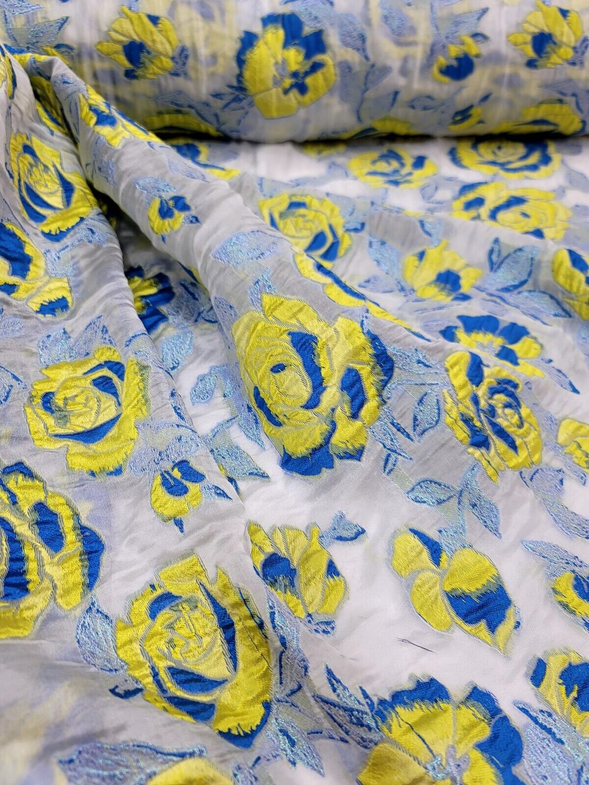 Yellow and Royal Blue Floral Organza Brocade Jacquard Fabric - Sold by Yard - Perfect for Fashion, Dressmaking, and New Creations