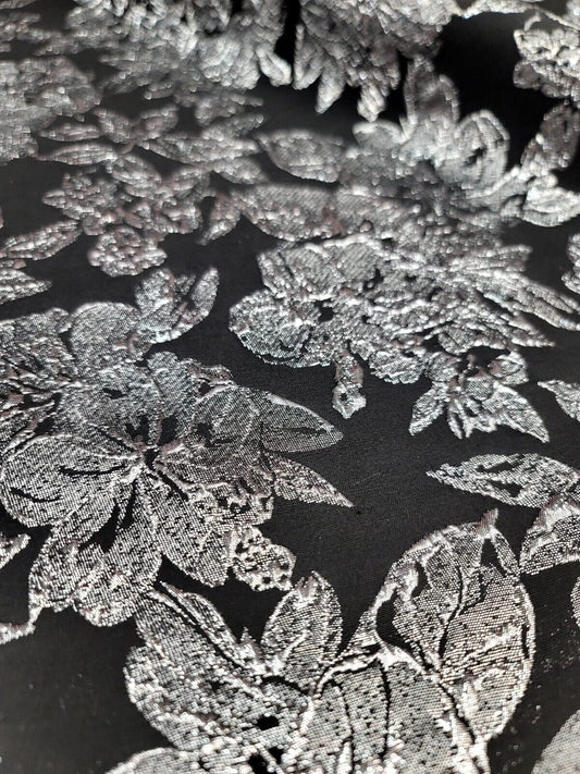 Silver Floral Brocade on Black Background Fabric by the Yard - Stunning Metallic Elegance