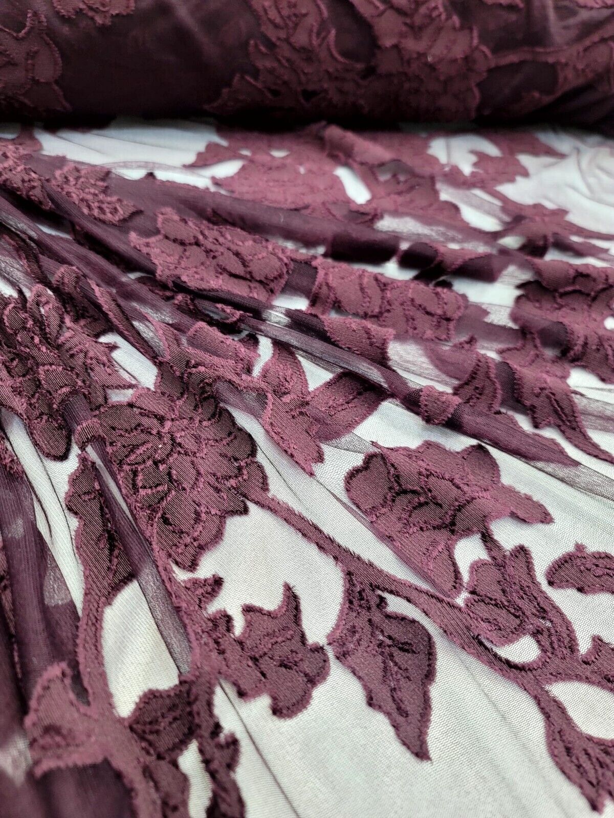 Eggplant Floral Lace Stretch Flower Mesh Prom Fabric - Sold by the Yard