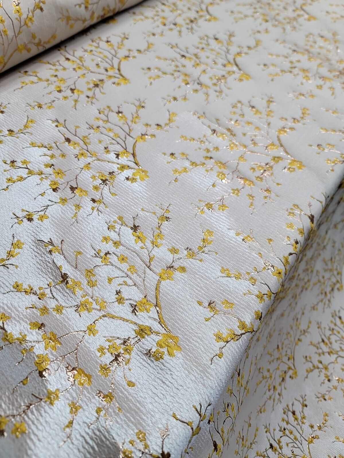 YELLOW GOLD Floral Brocade Fabric (60 in.) Sold By The Yard Cherry Blossom Beige